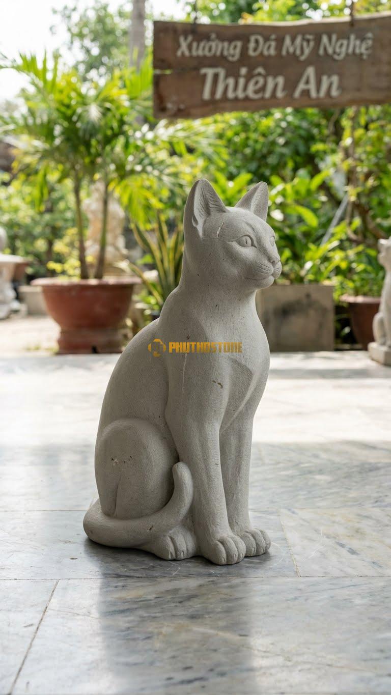 Mèo Xiêm Quý Tộc Bằng Đá Sa Thạch, Kiểu Dáng Dáng Ngồi Kiêu Sa. Kích Thước Cao 35cm.