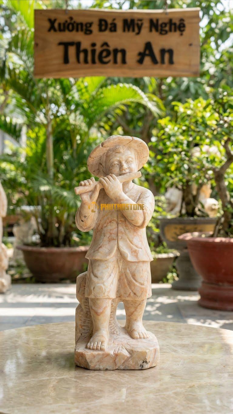 Mục Đồng Thổi Sáo Chăn Trâu Bằng Đá Vàng Nghệ An, Kiểu Dáng Kích Thước Cao 35cm.