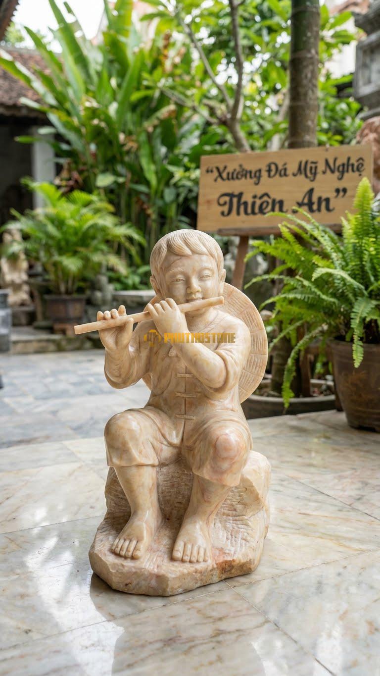 Mục Đồng Thổi Sáo Chăn Trâu Bằng Đá Vàng Nghệ An, Kiểu Dáng Kích Thước Cao 35cm.