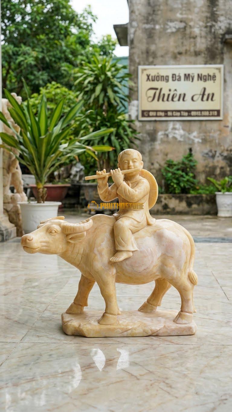 Mục Đồng Thổi Sáo Chăn Trâu Bằng Đá Vàng Nghệ An, Kiểu Dáng Kích Thước Cao 35cm.