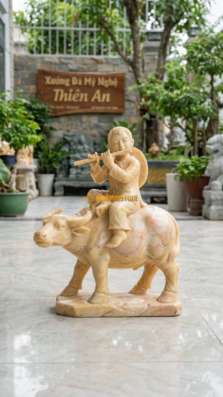 Mục Đồng Thổi Sáo Chăn Trâu Bằng Đá Vàng Nghệ An, Kiểu Dáng Kích Thước Cao 35cm.
