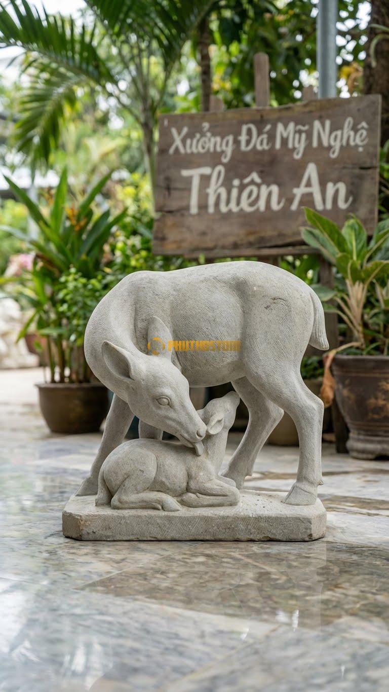 Nai Mẹ Con Bằng Đá Sa Thạch, Kiểu Dáng Nai Mẹ Cúi Đầu Liếm Nai Con. Kích Thước Dài 50cm.