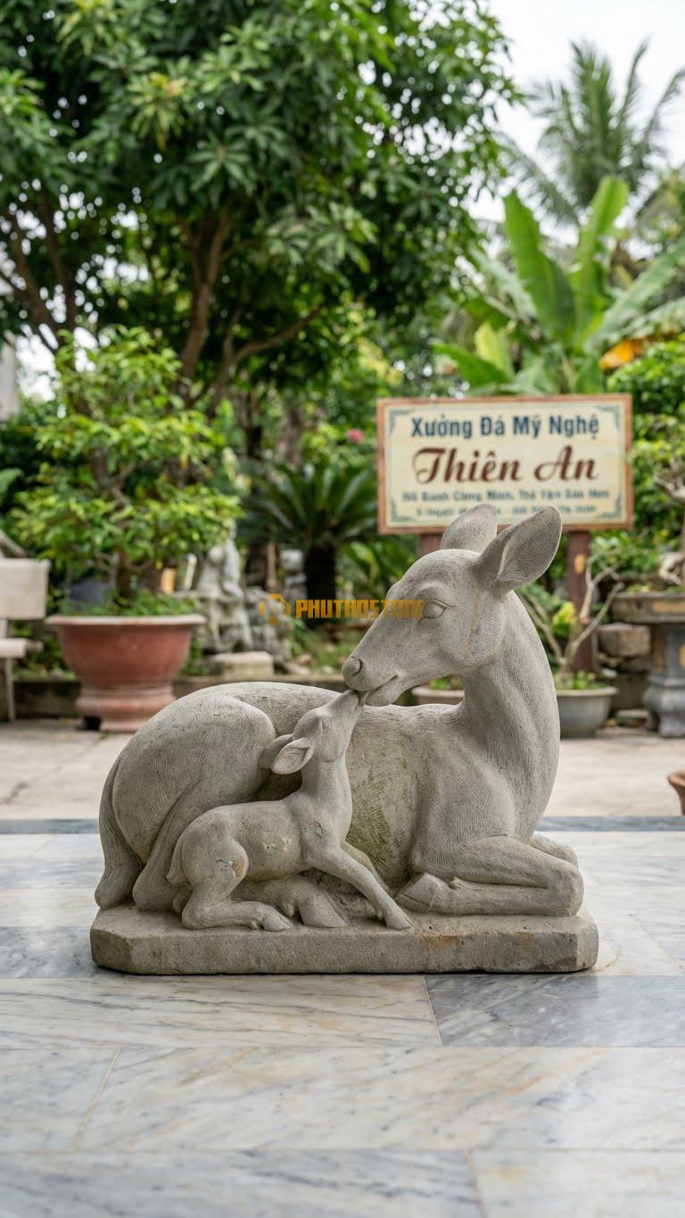 Nai Mẹ Con Bằng Đá Sa Thạch, Kiểu Dáng Nai Mẹ Cúi Đầu Liếm Nai Con. Kích Thước Dài 50cm.