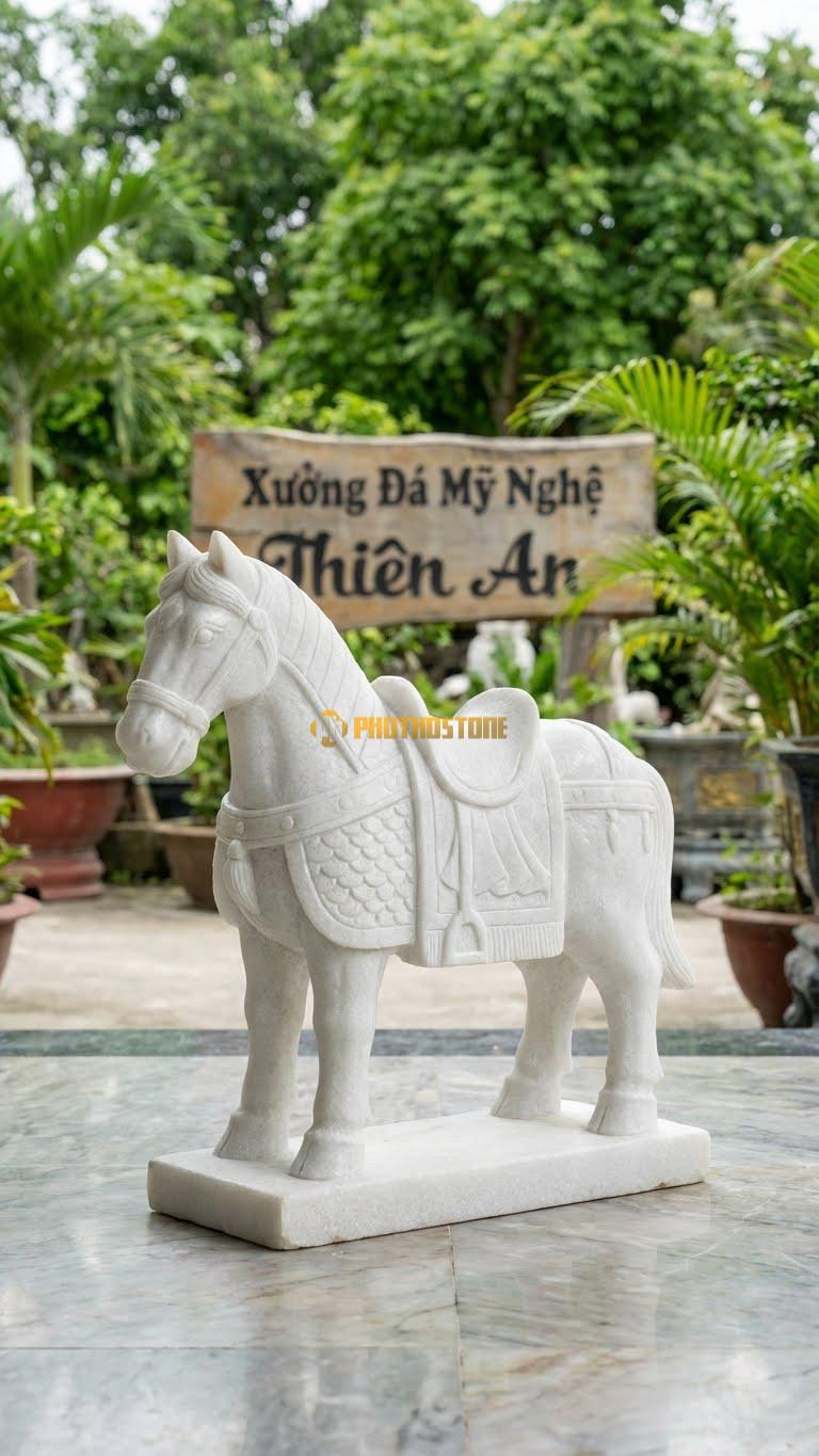 Ngựa Chiến (Có Yên Cương) Bằng Đá Trắng Muối, Kiểu Dáng Đeo Giáp, Yên Cương Đầy Đủ. Kích Thước Cao 35cm.