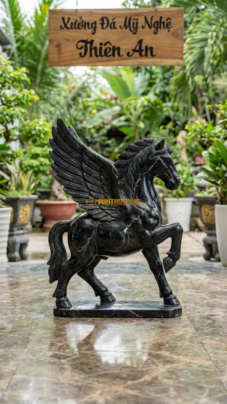 Ngựa Có Cánh (Pegasus) Bằng Đá Đen Chỉ Nâu, Kiểu Dáng Phong Cách Phương Tây. Kích Thước Cao 40cm.