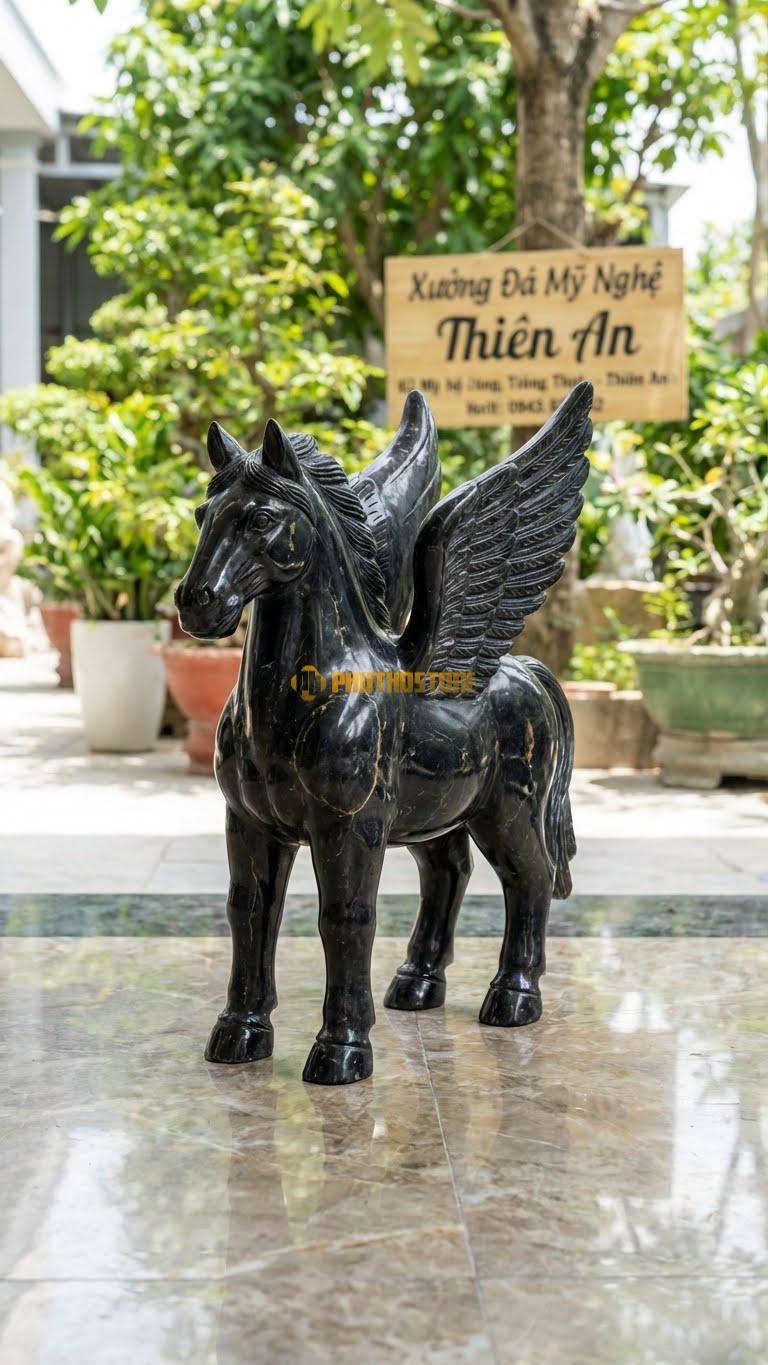 Ngựa Có Cánh (Pegasus) Bằng Đá Đen Chỉ Nâu, Kiểu Dáng Phong Cách Phương Tây. Kích Thước Cao 40cm.