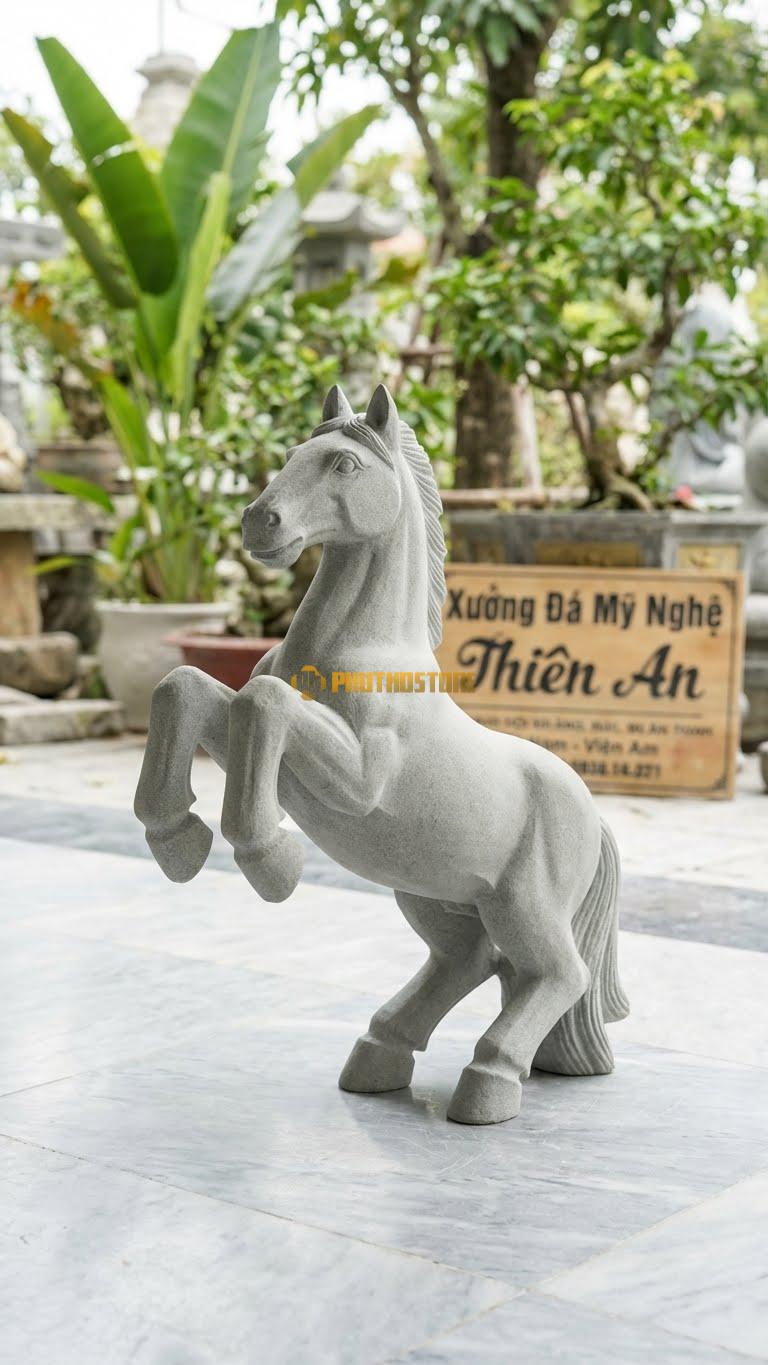 Ngựa Hí (Chân Co Lên) Bằng Đá Sa Thạch, Kiểu Dáng Hai Chân Trước Giơ Cao. Kích Thước Cao 45cm.