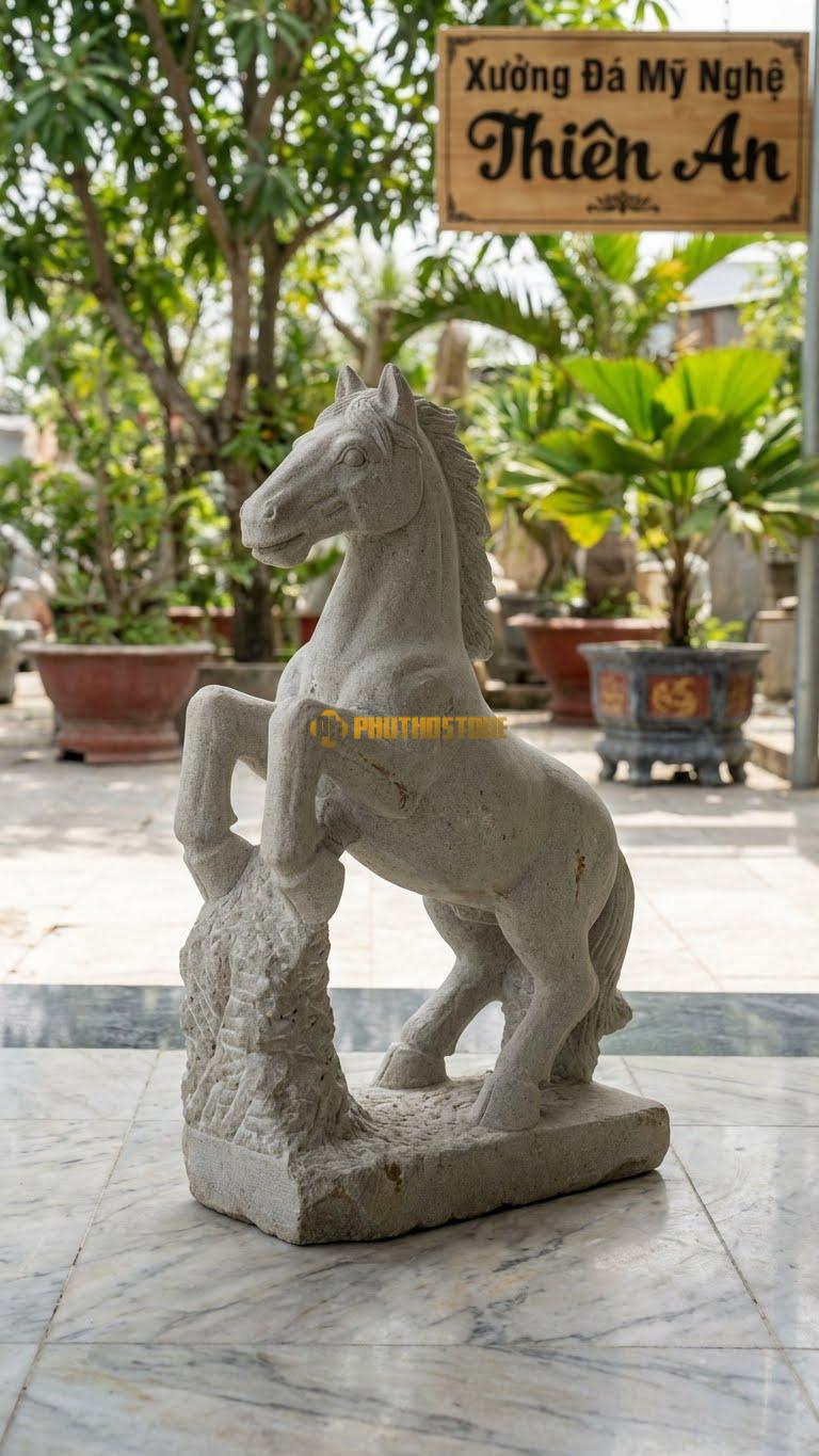 Ngựa Hí (Chân Co Lên) Bằng Đá Sa Thạch, Kiểu Dáng Hai Chân Trước Giơ Cao. Kích Thước Cao 45cm.
