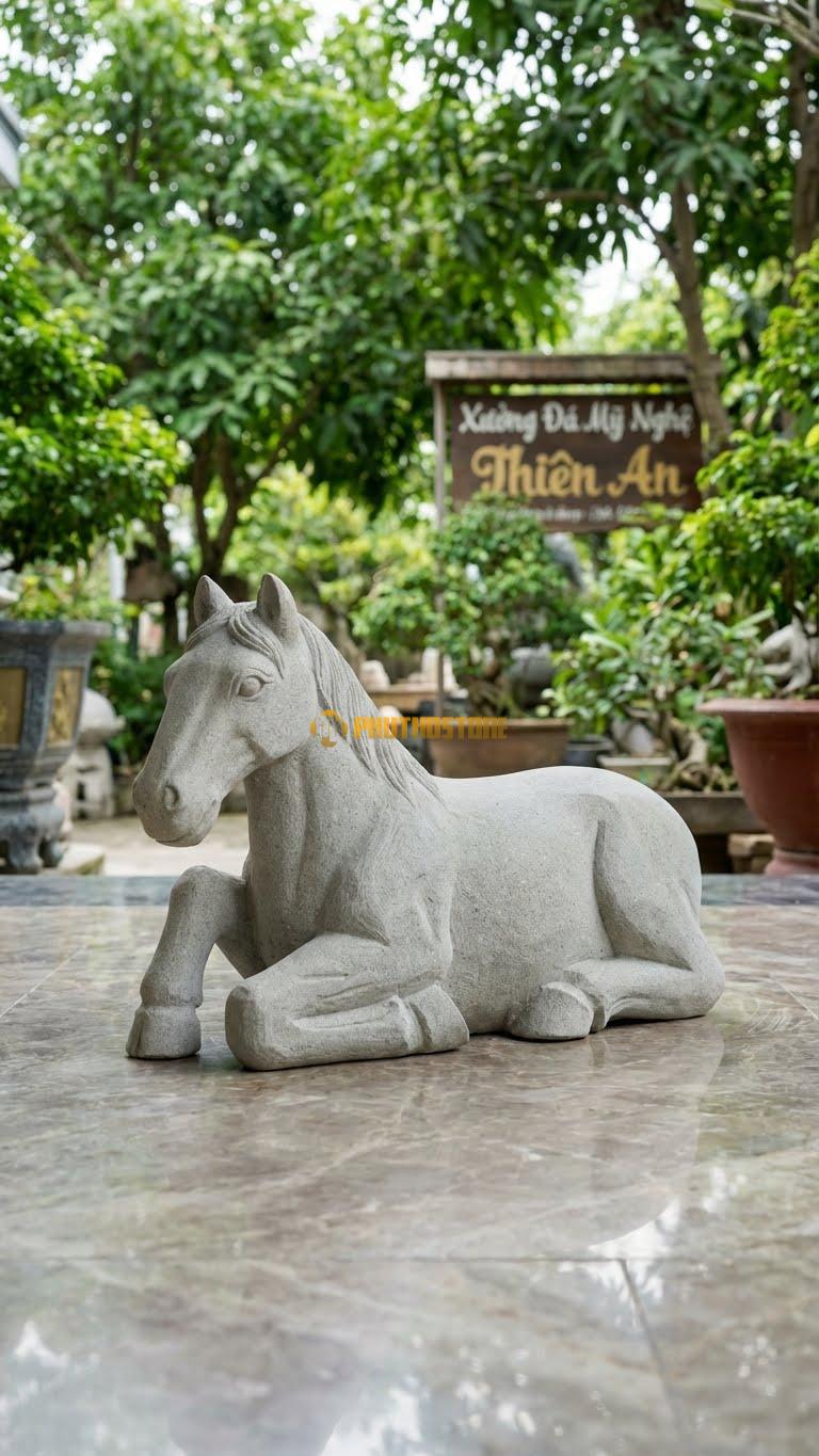 Ngựa Nằm Nghỉ Bằng Đá Sa Thạch, Kiểu Dáng Kích Thước Dài 30cm.