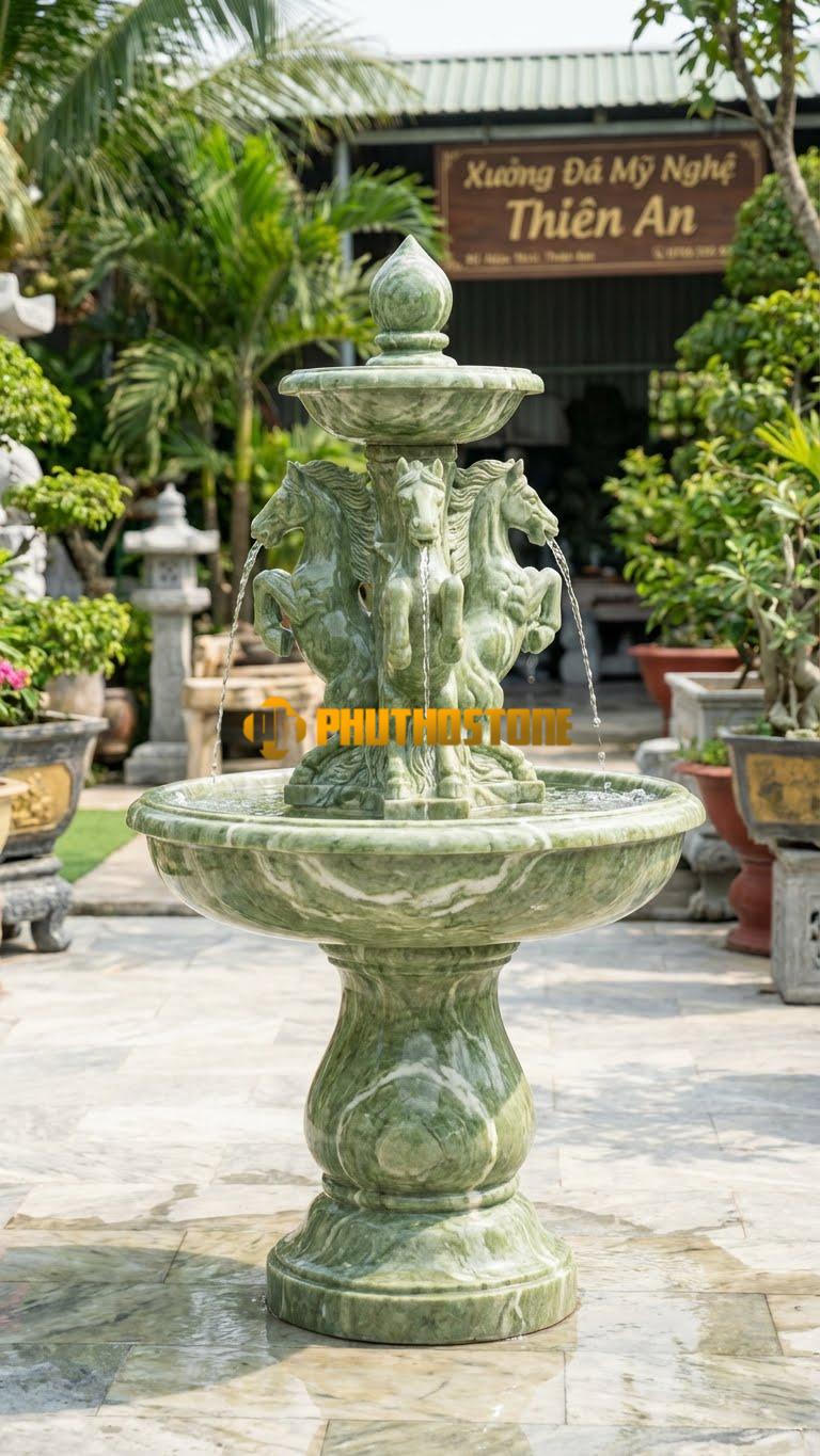 Ngựa Phong Thủy Nhả Nước C1.6M. Chất Liệu Đá Xanh Ấn