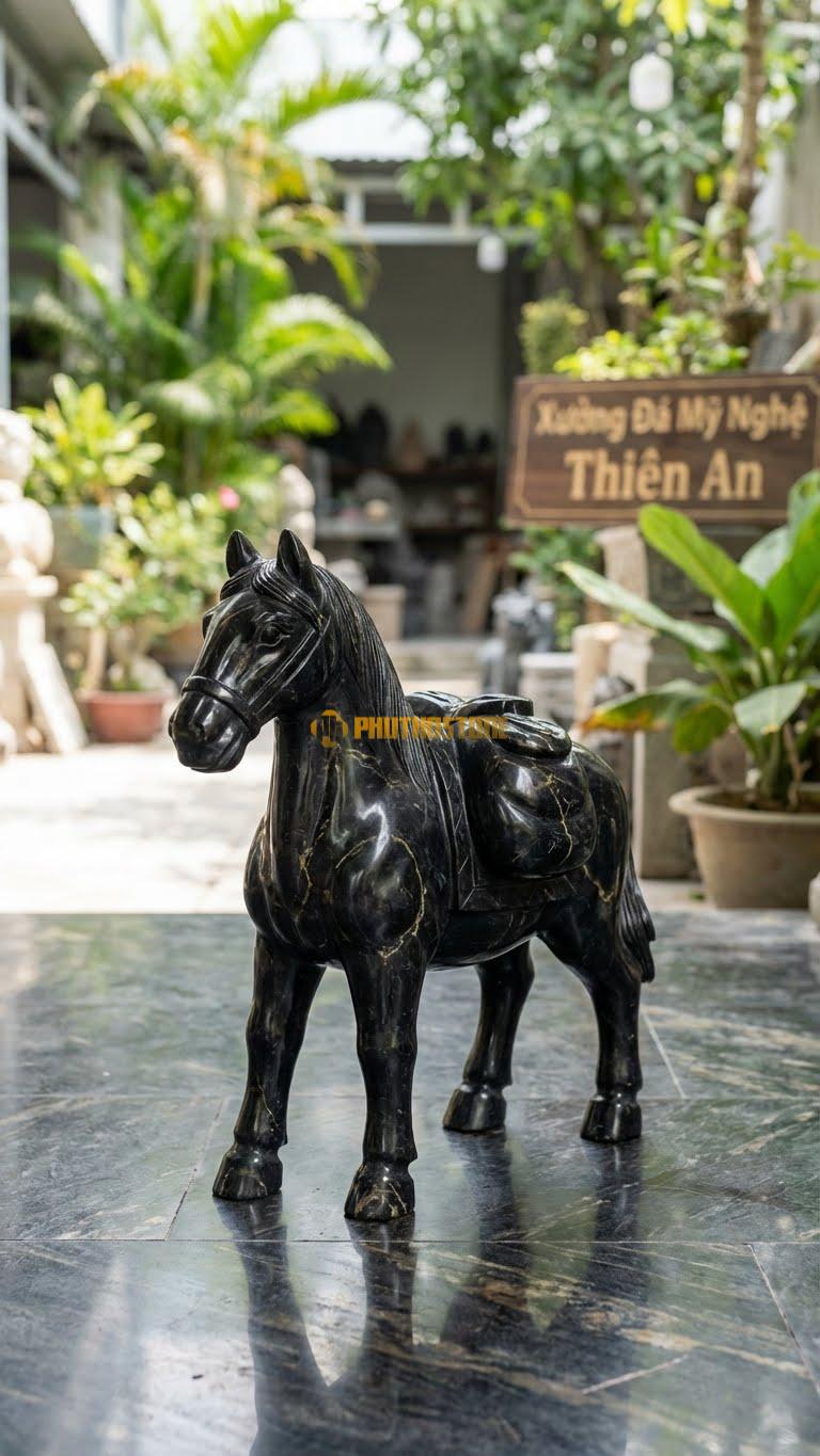 Ngựa Thồ Hàng Bằng Đá Đen Chỉ Nâu, Kiểu Dáng Cõng Bao Tải Tiền Vàng. Kích Thước Cao 30cm.