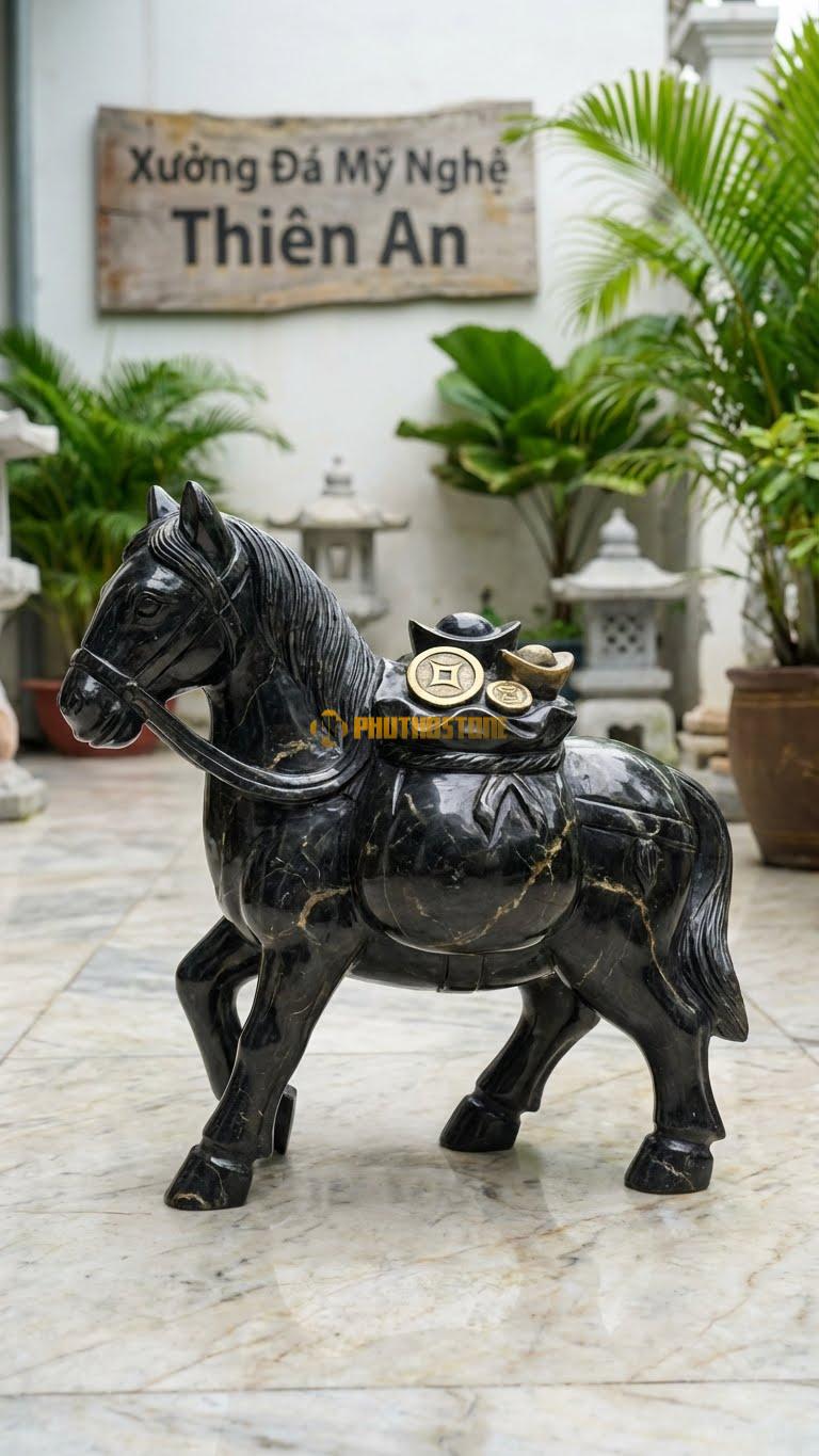 Ngựa Thồ Hàng Bằng Đá Đen Chỉ Nâu, Kiểu Dáng Cõng Bao Tải Tiền Vàng. Kích Thước Cao 30cm.