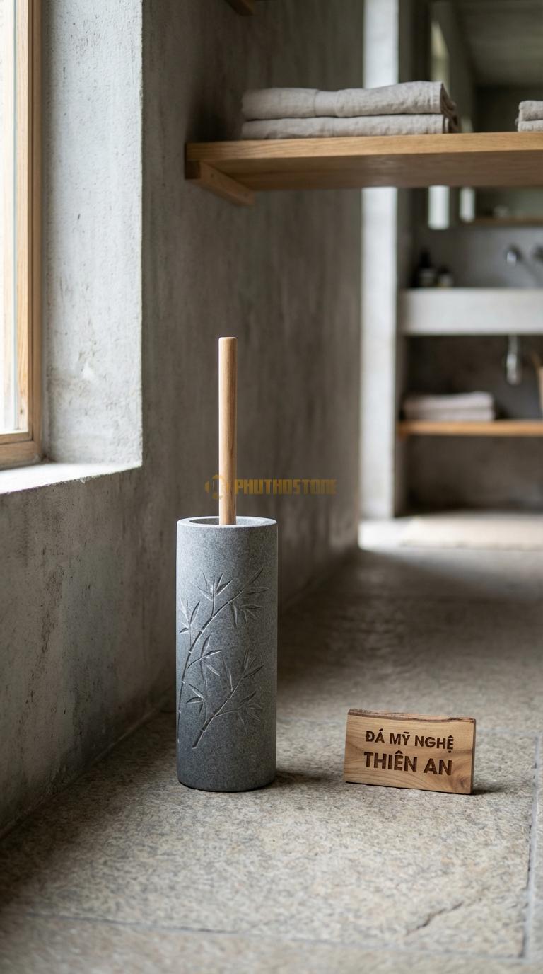 Ống Đá Granite Cọ Chạm Cành Trúc Họa Tiết Trúc Quân Tử Thanh Nhã Đường Kính 12cm x H37cm