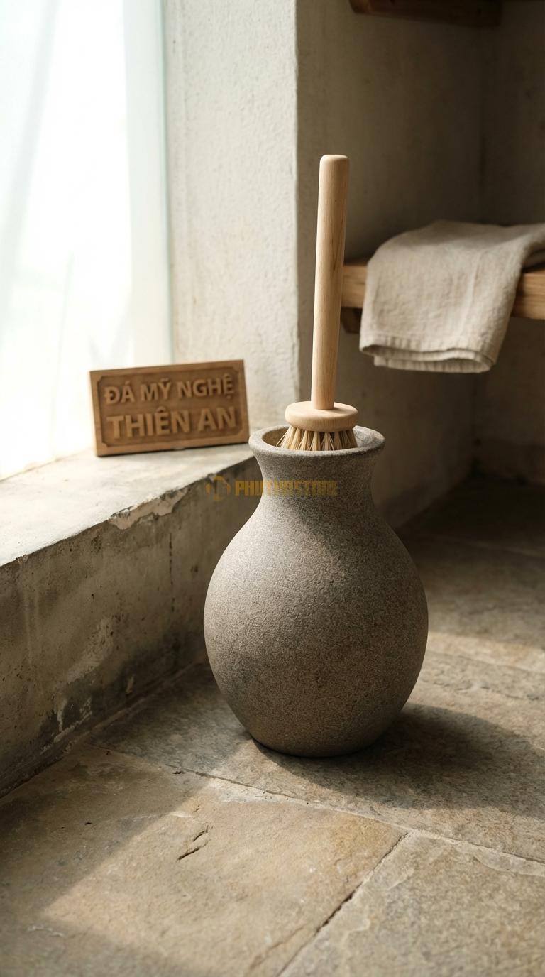 Ống Đá Granite Cọ Dáng Bình Gốm Tạo Hình Bụng Phình, Cổ Thắt Phong Cách Cổ Điển Đường Kính 15cm x H35cm