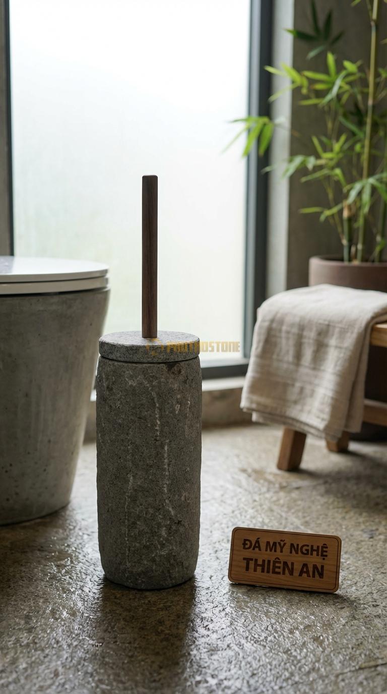 Ống Đá Granite Cọ Trụ Tròn Bóng Thiết Kế Trơn, Tích Hợp Nắp Che Bằng Đá Đường Kính 12cm x H38cm (Cả Cán)