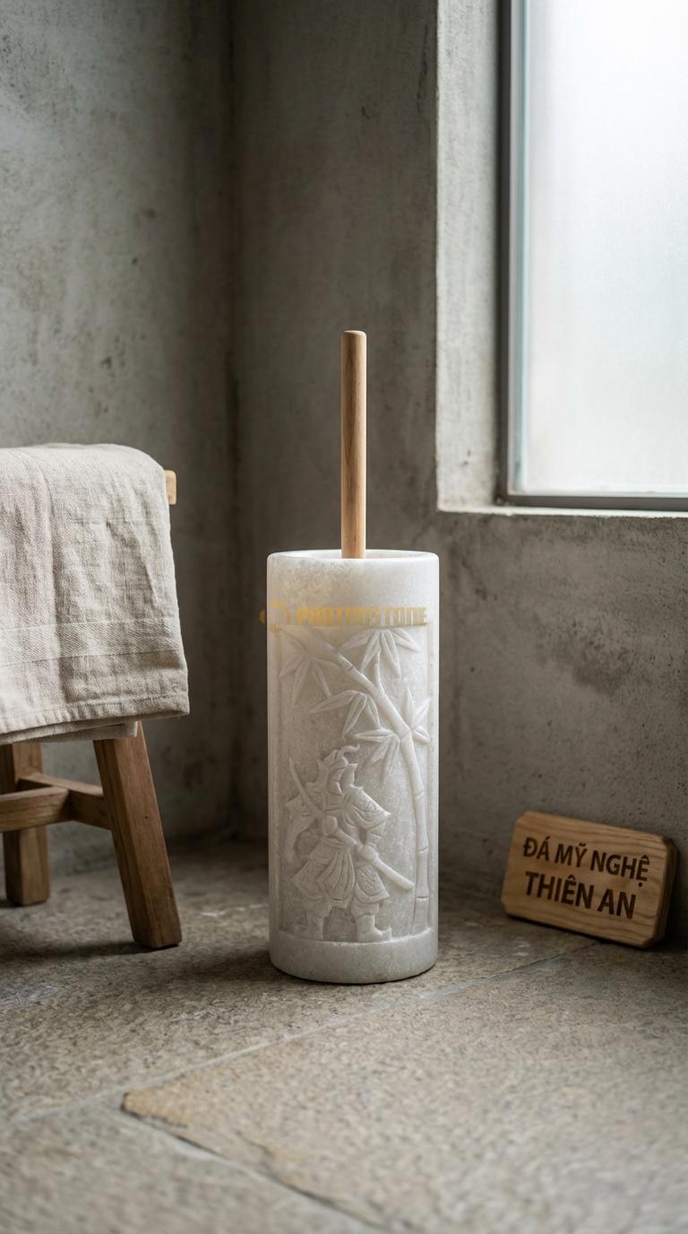 Ống Đá Trắng Muối Cọ Chạm Cành Trúc Họa Tiết Trúc Quân Tử Thanh Nhã Đường Kính 12cm x H37cm