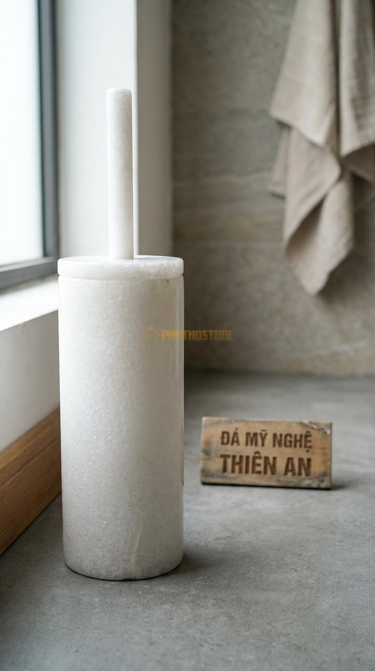 Ống Đá Trắng Muối Cọ Trụ Tròn Bóng Thiết Kế Trơn, Tích Hợp Nắp Che Bằng Đá Đường Kính 12cm x H38cm (Cả Cán)