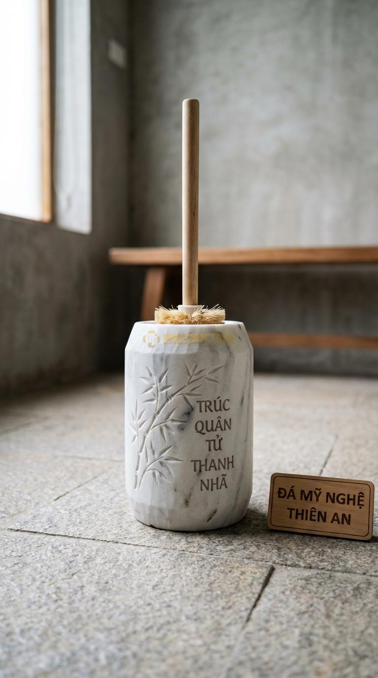 Ống Đá Trắng Xanh Cọ Chạm Cành Trúc Họa Tiết Trúc Quân Tử Thanh Nhã Đường Kính 12cm x H37cm