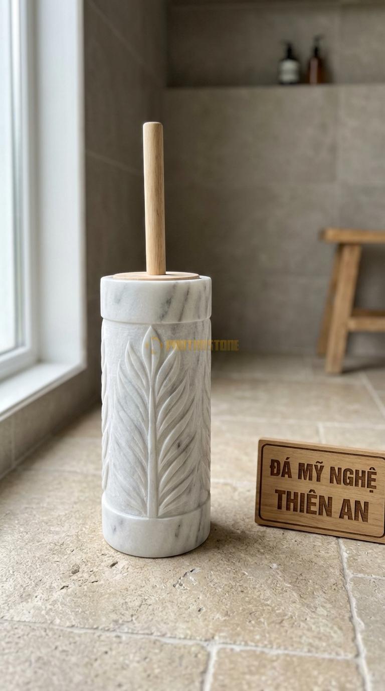 Ống Đá Trắng Xanh Cọ Chạm Phù Điêu Lá Hoa Văn Lá Cuộn Đối Xứng Đường Kính 13cm x H38cm