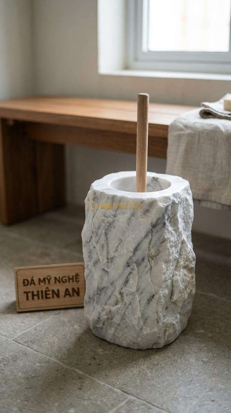 Ống Đá Trắng Xanh Cọ Đá Tảng Tự Nhiên Mặt Ngoài Để Thô Như Một Khối Đá Núi Khoảng Đường Kính 16cm x H30cm