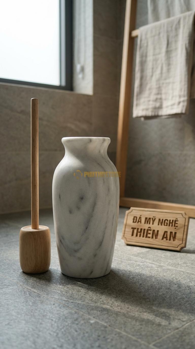 Ống Đá Trắng Xanh Cọ Dáng Bình Gốm Tạo Hình Bụng Phình, Cổ Thắt Phong Cách Cổ Điển Đường Kính 15cm x H35cm