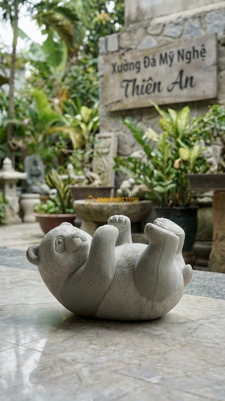 Panda Lăn Tròn Bằng Đá Sa Thạch, Kiểu Dáng Dáng Nghịch Ngợm. Kích Thước Dài 20cm.