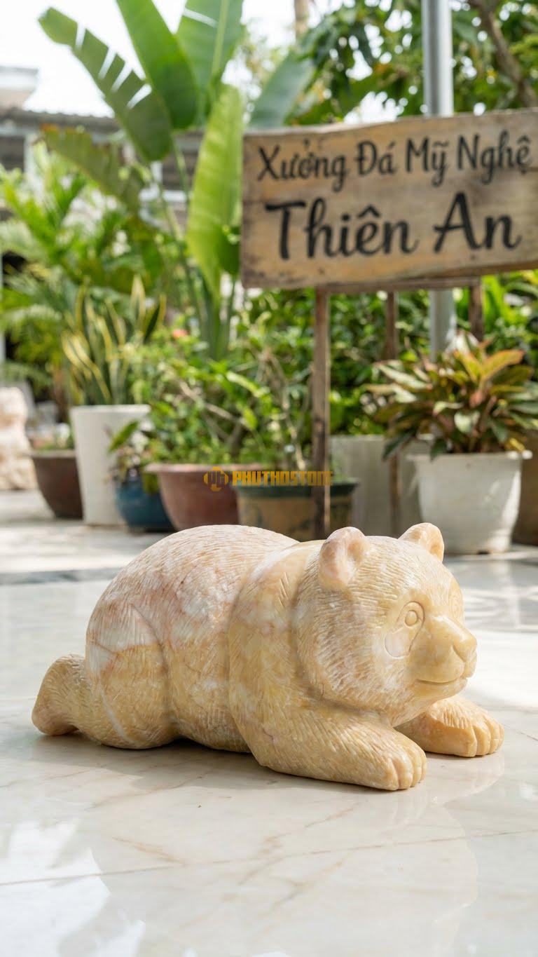 Panda Nằm Sấp (Lazy) Bằng Đá Vàng Nghệ An, Kiểu Dáng Kích Thước Dài 30cm.