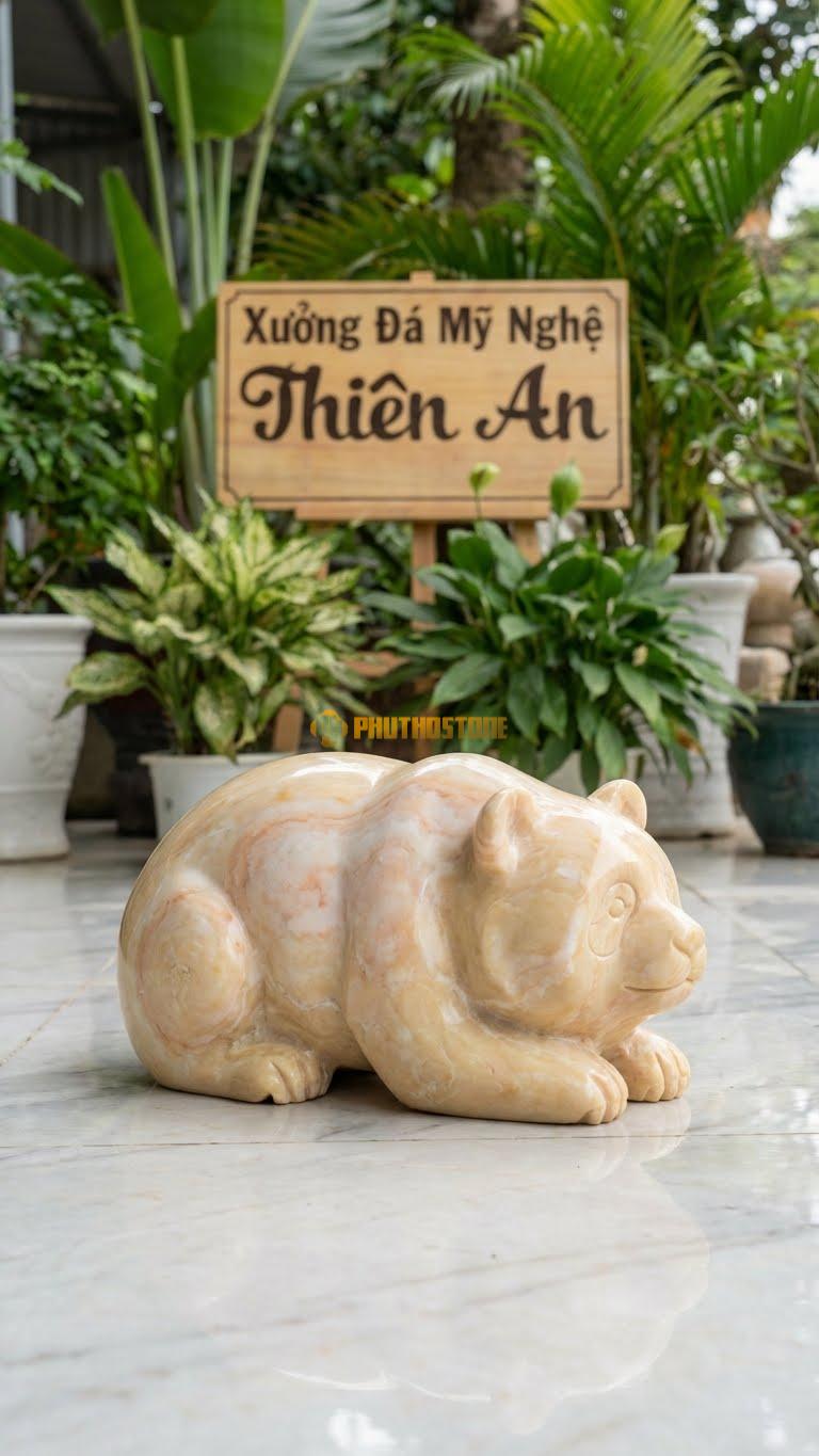 Panda Nằm Sấp (Lazy) Bằng Đá Vàng Nghệ An, Kiểu Dáng Kích Thước Dài 30cm.