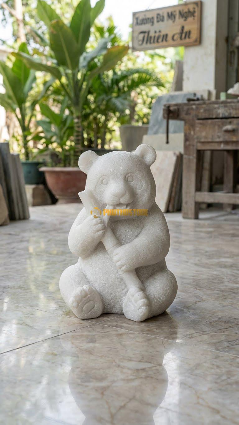 Panda Ôm Trúc Bằng Đá Trắng Muối, Kiểu Dáng Ngồi Ăn Ngon Lành. Kích Thước Cao 25cm.