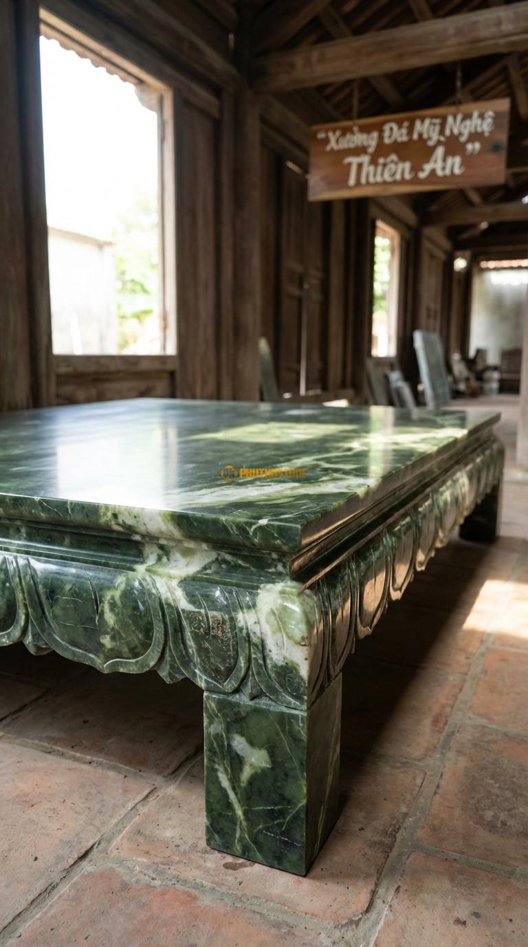 Phản Đá Chạm Diềm Hoa Sen Đá Serpentine Mặt trơn, diềm xung quanh chạm cánh sen cách điệu, Kích thước 1m8 x 2m2 x 20cm