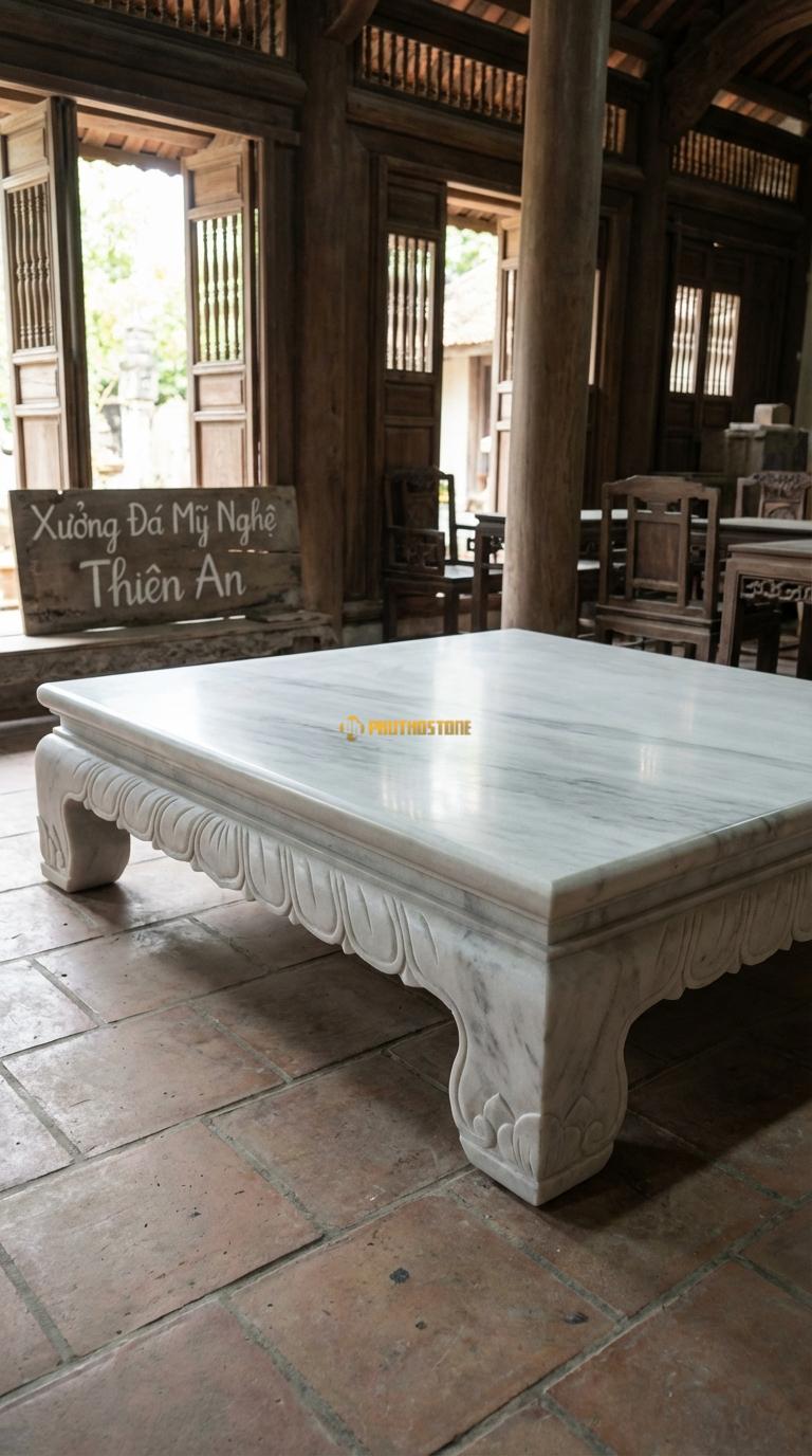 Phản Đá Chạm Diềm Hoa Sen Đá Trắng Yên Bái Mặt trơn, diềm xung quanh chạm cánh sen cách điệu, Kích thước 1m8 x 2m2 x 20cm