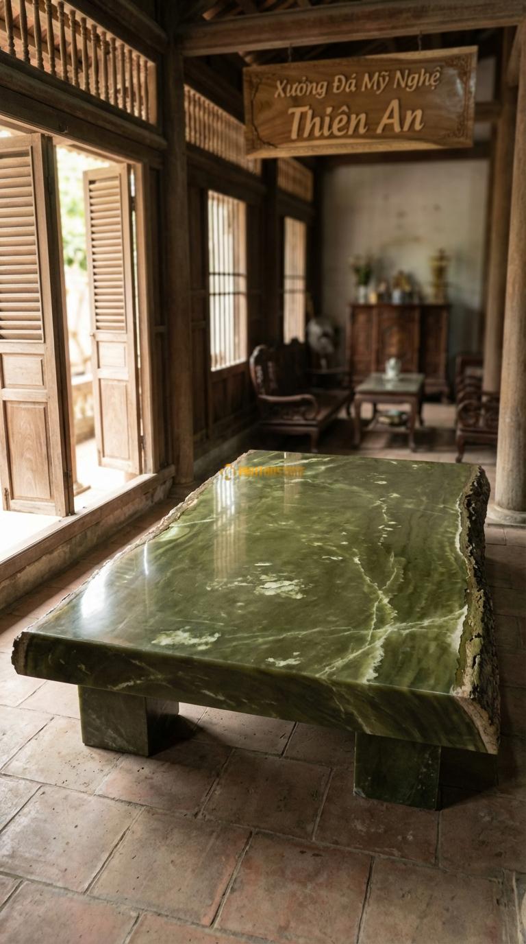 Phản Đá Tự Nhiên Giữ Vỏ (Live Edge) Đá Serpentine Mặt phẳng, hai cạnh dài giữ nguyên vỏ đá xù xì, Kích thước 2m0 x 3m0 x 25cm