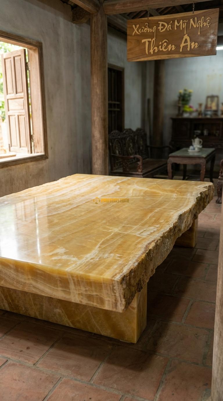 Phản Đá Tự Nhiên Giữ Vỏ (Live Edge) Ngọc hoàng long Mặt phẳng, hai cạnh dài giữ nguyên vỏ đá xù xì, Kích thước 2m0 x 3m0 x 25cm