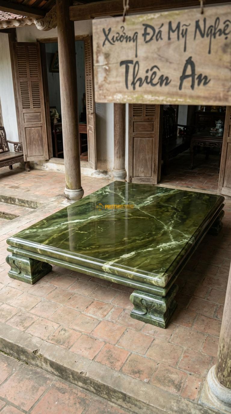 Phản Đá Vân Thủy Mạc Đá Serpentine Vân đá đen trắng như tranh thủy mạc, bo cạnh vát, Kích thước 2m0 x 2m8 x 25cm