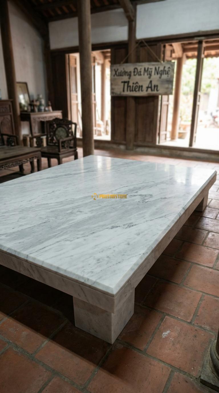 Phản Đá Vân Thủy Mạc Đá Trắng Yên Bái Vân đá đen trắng như tranh thủy mạc, bo cạnh vát, Kích thước 2m0 x 2m8 x 25cm