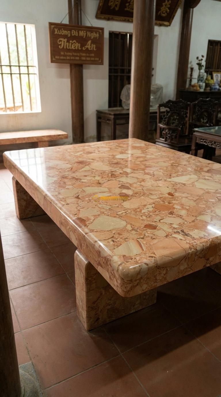 Phản Đại Một Tấm Trơn Đá Hồng Mặt trơn mài bóng kính, bo cạnh tròn đơn giản, Kích thước 2m2 x 3m0 x 30cm