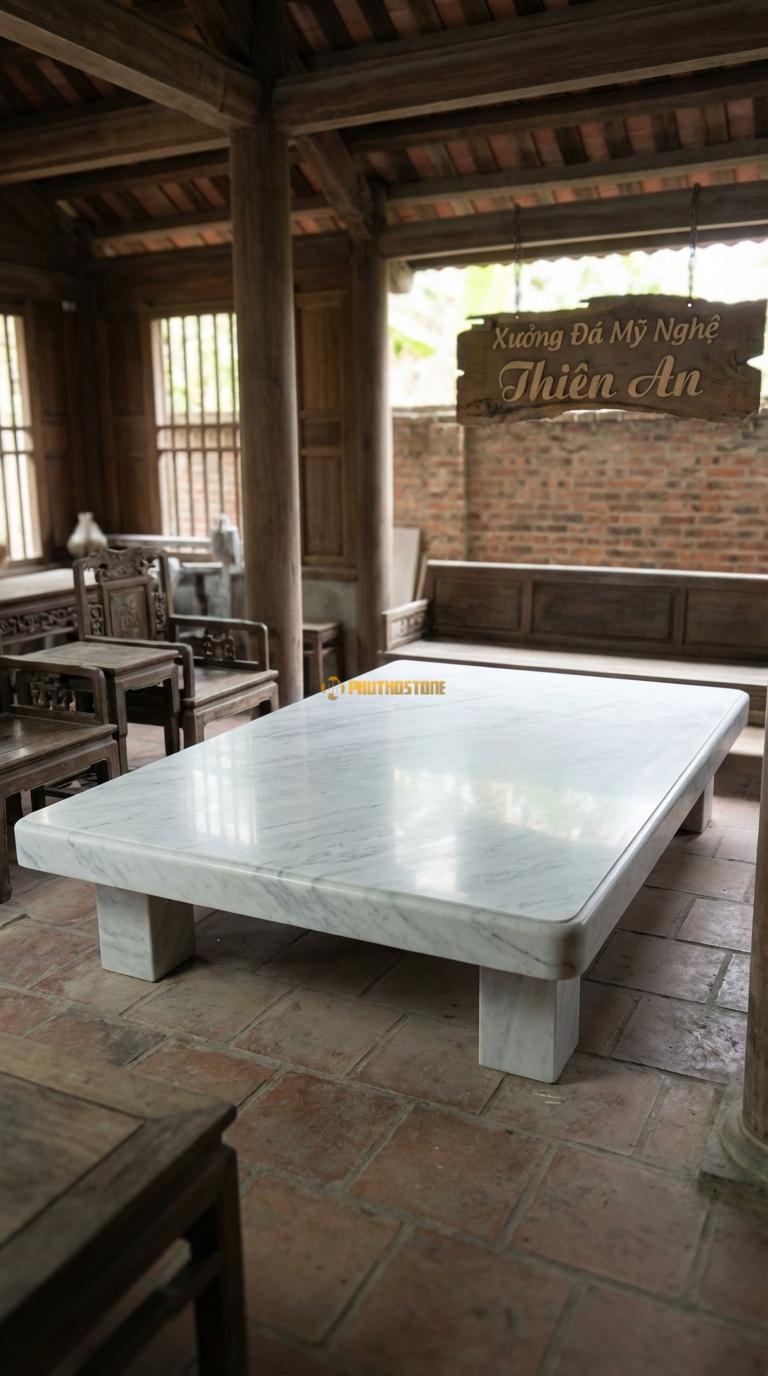 Phản Đại Một Tấm Trơn Đá Trắng Yên Bái Mặt trơn mài bóng kính, bo cạnh tròn đơn giản, Kích thước 2m2 x 3m0 x 30cm