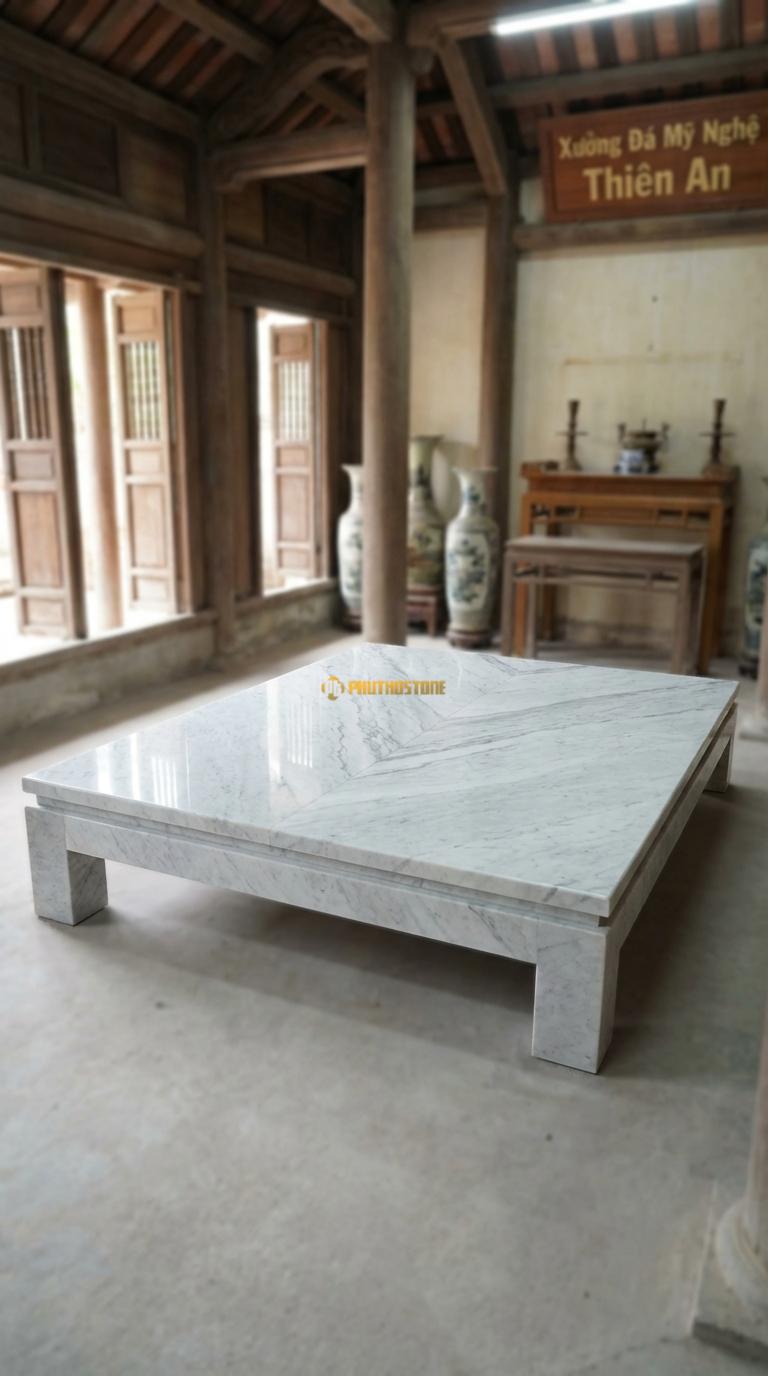 Phản Hai Tấm Vân Đối (Bookmatch) Đá Trắng Yên Bái 2 tấm ghép lại, vân đá đối xứng như mở sách, Kích thước 2m4 x 3m2 x 20cm