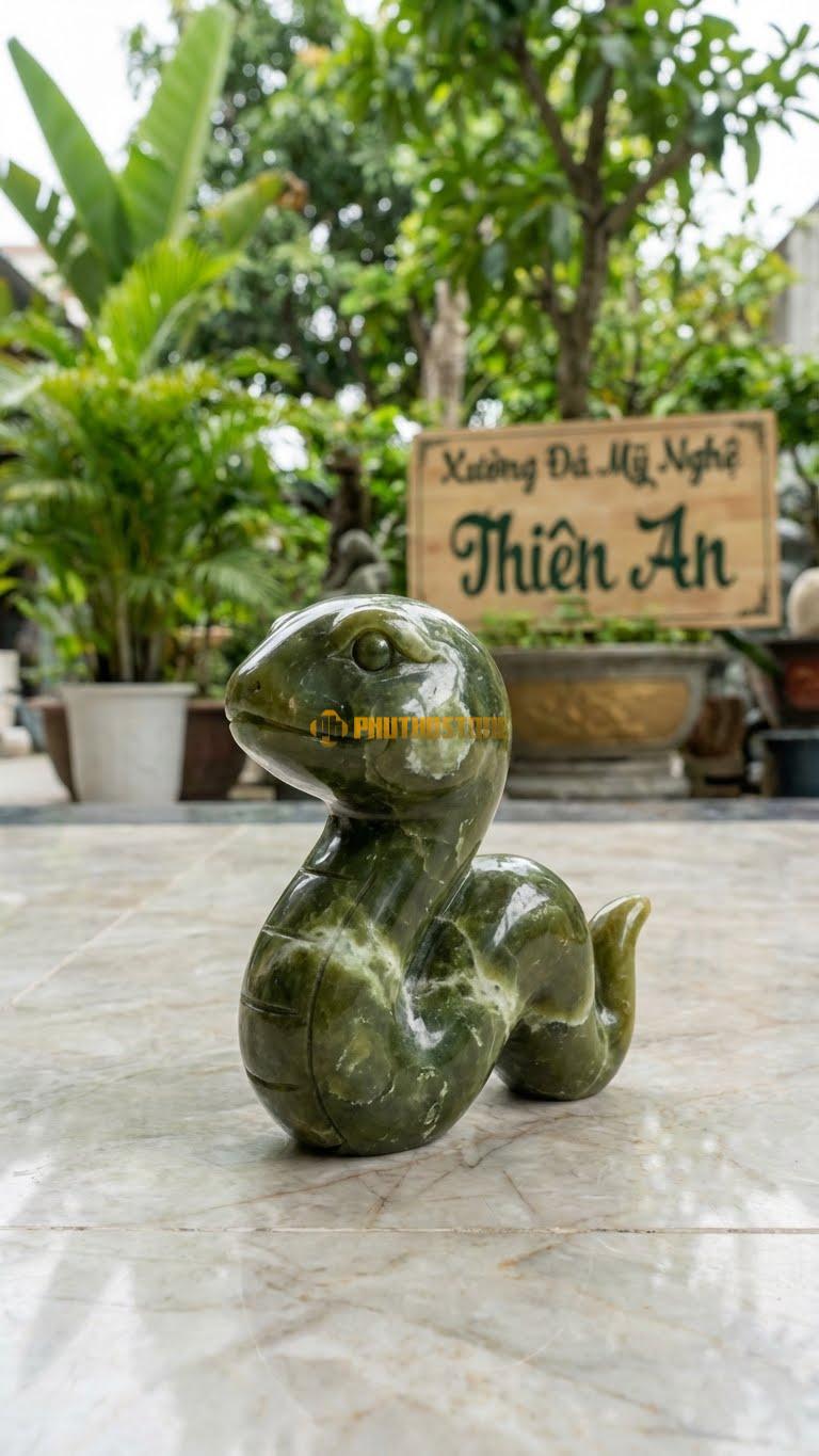 Rắn 12 Con Giáp (Cách Điệu) Bằng Đá Serpentine, Kiểu Dáng Dáng Chibi Dễ Thương. Kích Thước Cao 12cm.