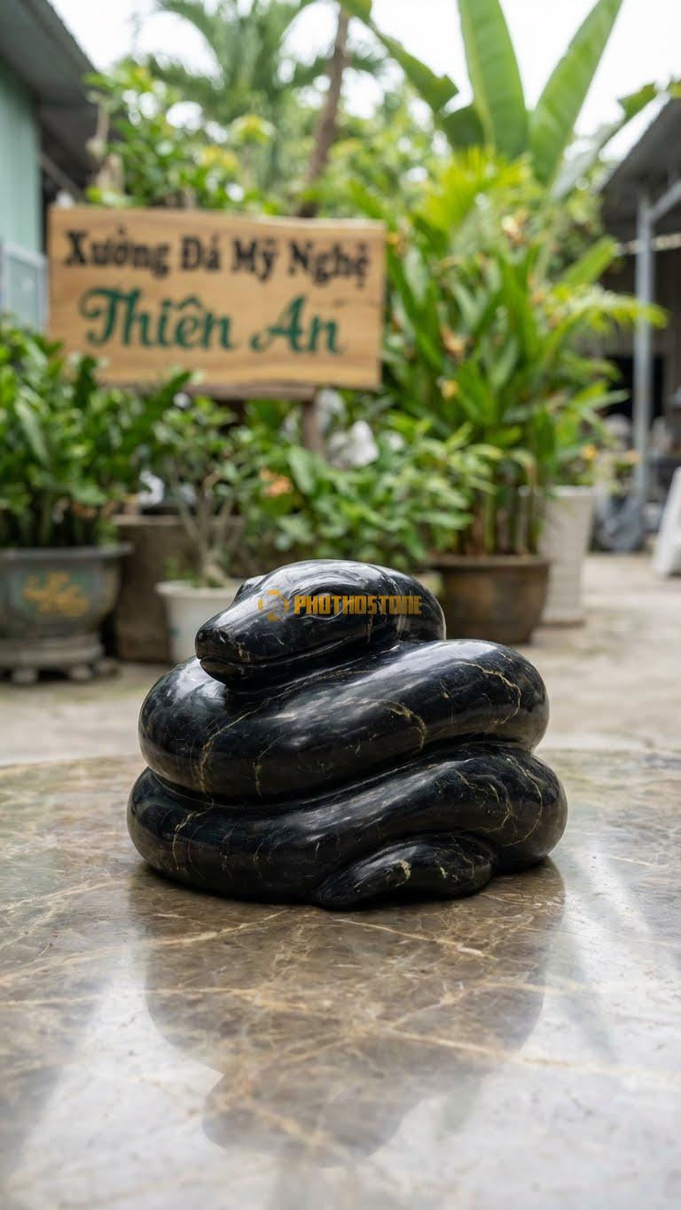 Rắn Cuộn Tròn (Bàn Thạch) Bằng Đá Đen Chỉ Nâu, Kiểu Dáng Đầu Nằm Trên Thân Thư Thái. Kích Thước Đk 20cm.