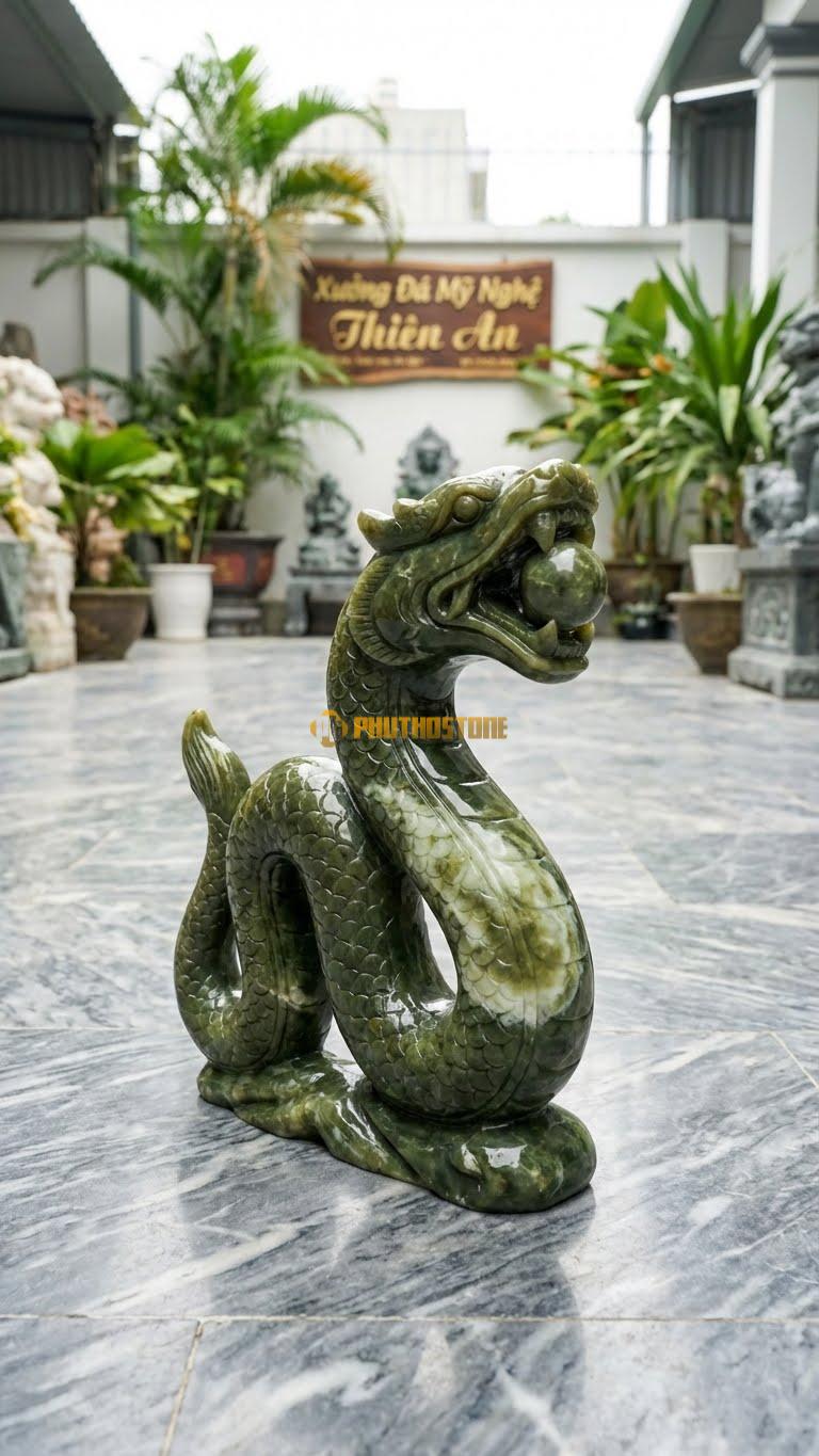 Rắn Nhả Ngọc Bằng Đá Serpentine, Kiểu Dáng Miệng Nhả Viên Ngọc Minh Châu. Kích Thước Cao 25cm.