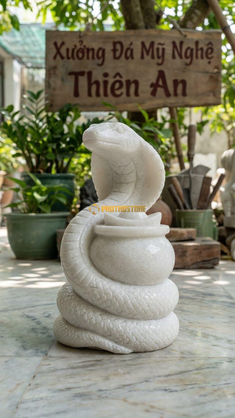 Rắn Ôm Hũ Vàng Bằng Đá Trắng Muối, Kiểu Dáng Thân Quấn Chặt Hũ Tiền. Kích Thước Cao 30cm.