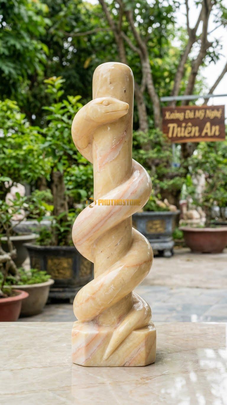 Rắn Quấn Gậy (Biểu Tượng Y Tế) Bằng Đá Vàng Nghệ An, Kiểu Dáng Kích Thước Cao 35cm.