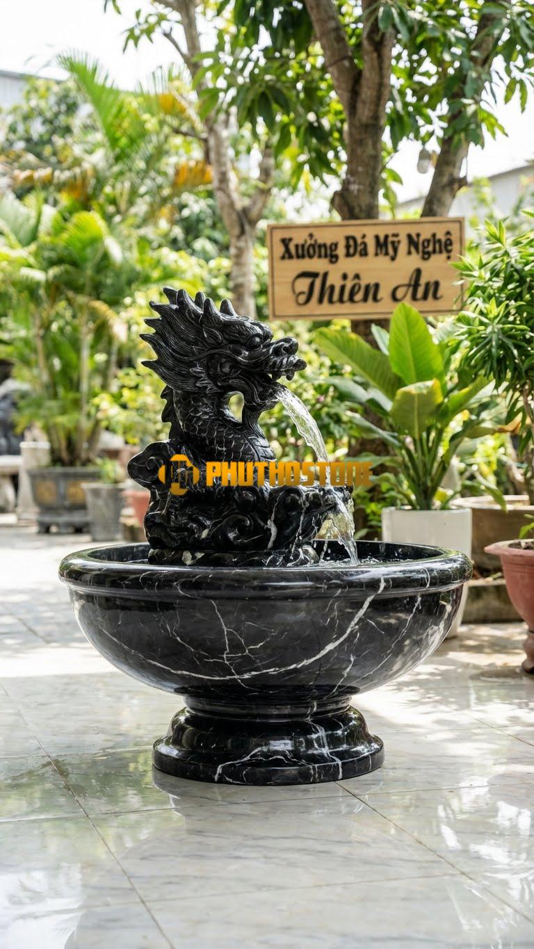 Rồng Đá Mây Phun Nước Tiểu Cảnh D1.2m x C1m. Chất Liệu Đá Đen Tia Chớp
