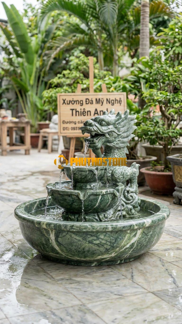 Rồng Đá Mây Phun Nước Tiểu Cảnh D1.2m x C1m. Chất Liệu Đá Xanh Ấn