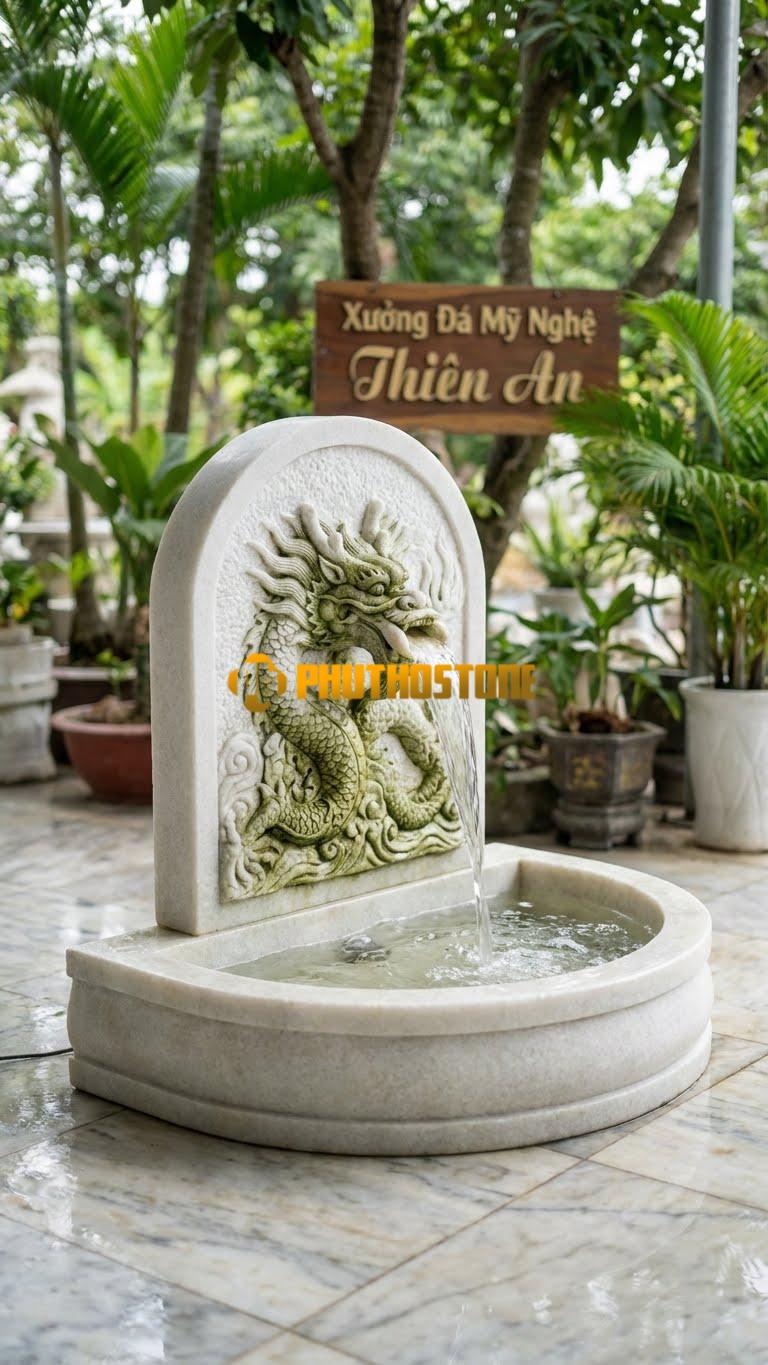 Rồng Rêu Phun Nước Hồ Bán Nguyệt D1.8M. Chất Liệu Đá Trắng Muối