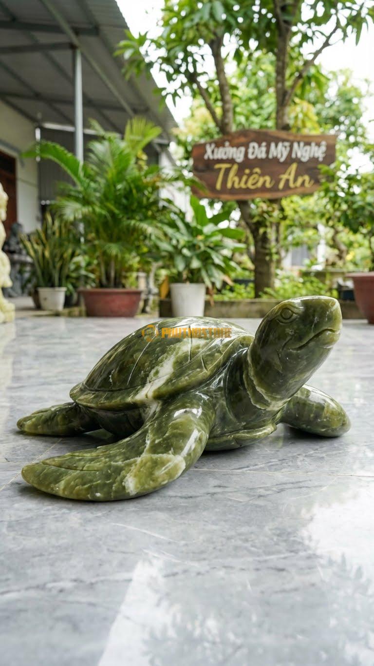 Rùa Biển Bơi Bằng Đá Serpentine, Kiểu Dáng Hai Vây Trước Dài. Kích Thước Dài 40cm.