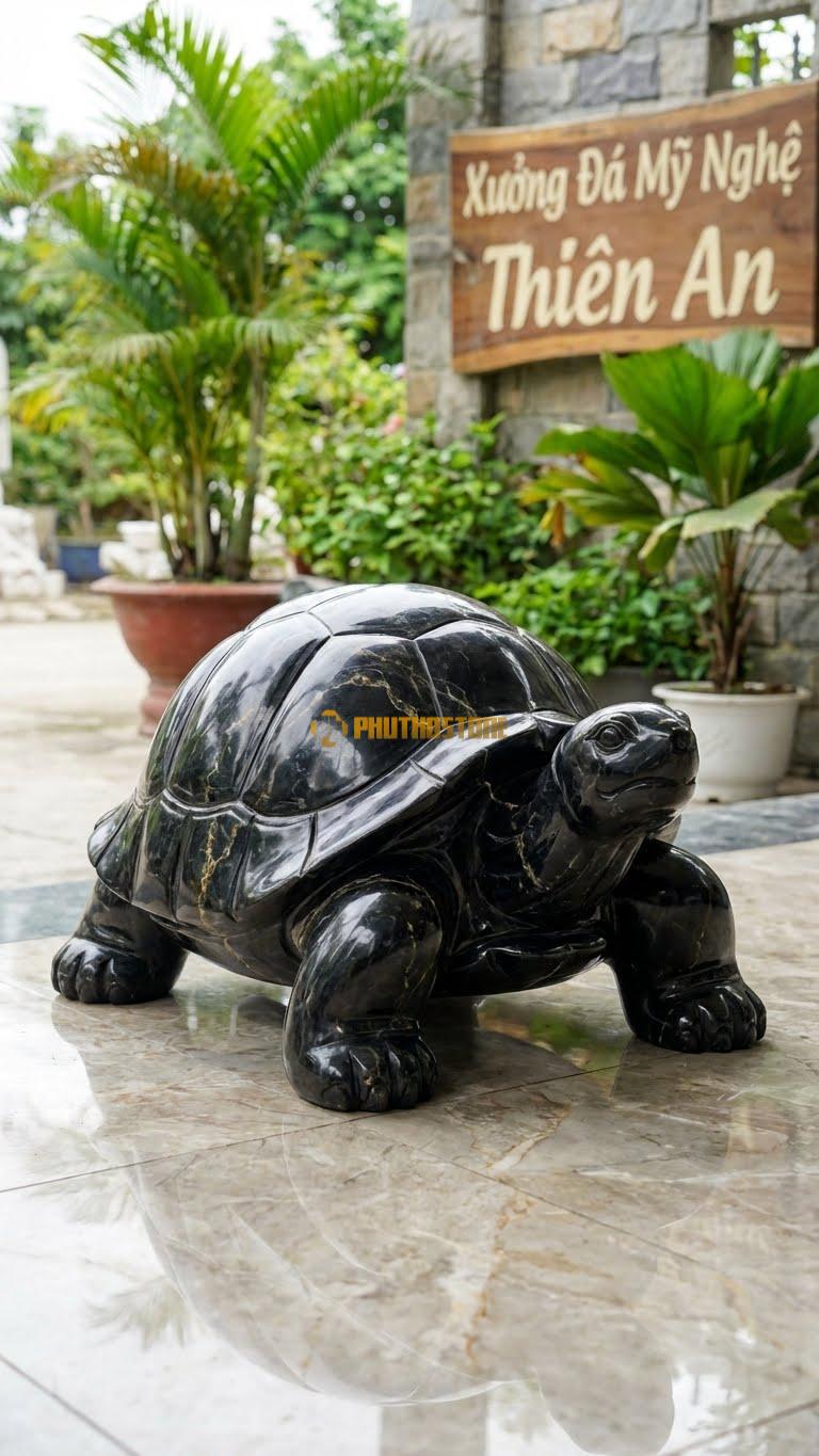 Rùa Cạn Khổng Lồ Bằng Đá Đen Chỉ Nâu, Kiểu Dáng Mai Gồ Cao, Chân To. Kích Thước Dài 50cm (Sân Vườn).