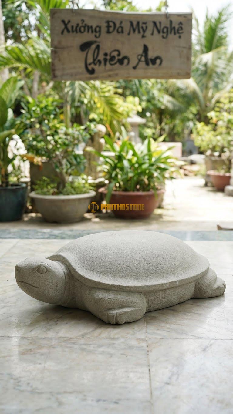 Rùa Đá Bước Dạo Bằng Đá Sa Thạch, Kiểu Dáng Mai Bằng Phẳng Làm Đá Bước Sân Vườn. Kích Thước Dài 40cm.