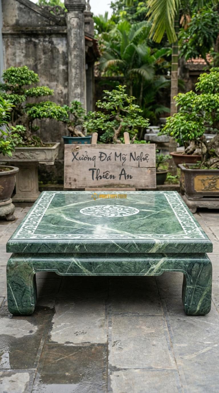 Sập Ba Bông Cổ Điển Đá Xanh Ấn Họa tiết trơn kết hợp hoa văn dây leo tối giản ở giữa, Kích thước 1m6 x 2m0 x 55cm